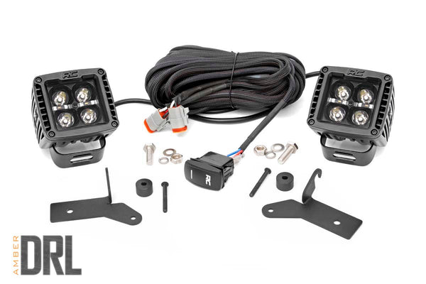 Rough Country - LED Light Kit - Hinge Mount - 2 In. Black Pair - Amber DRL - Jeep Gladiator JT/Wrangler JL (18-25)